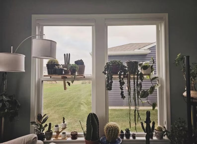 For the middle of the window, Oak window Shelf, Sturdy-Safe support leg, Plant Shelf, No tools