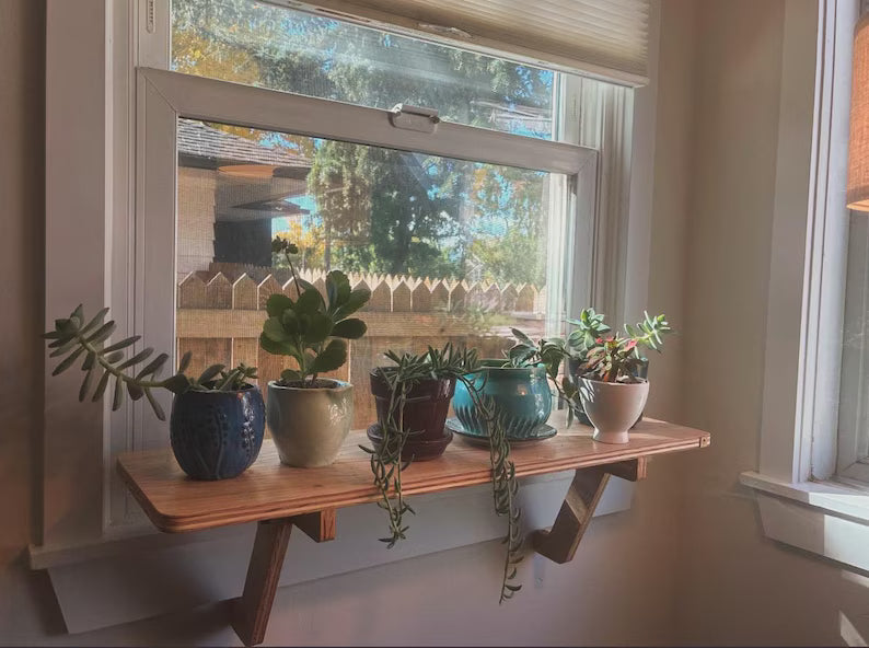 Oak Window Plant Shelf, Various shelf sizes, Easy Install, No Tools