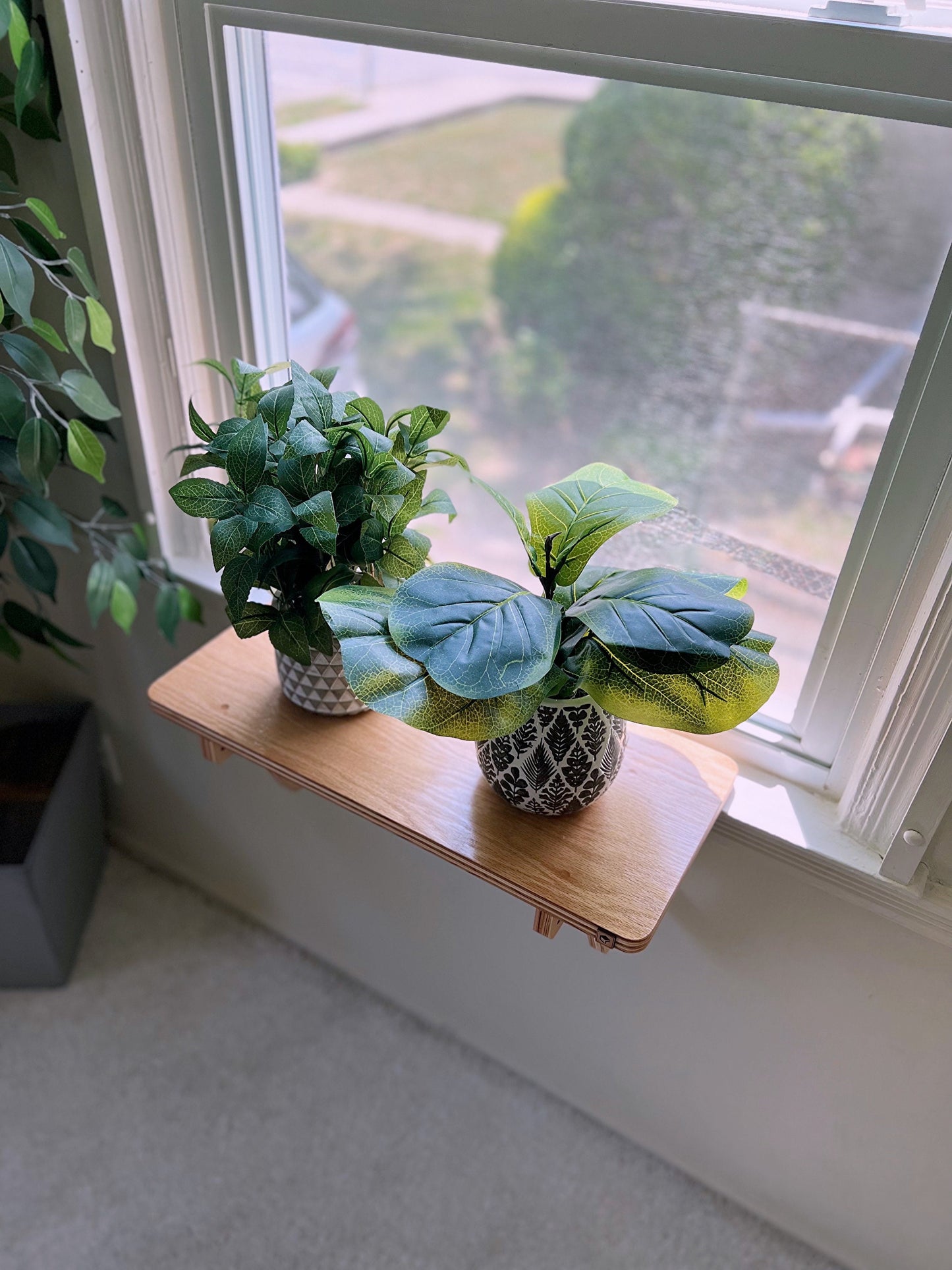 Oak Window Shelf_ Sturdy-Safe support legs _ Installed-removed 1 minute _ No tools No nails _ Plant - Flower Hanging Shelf_22"x10"_21"x15"