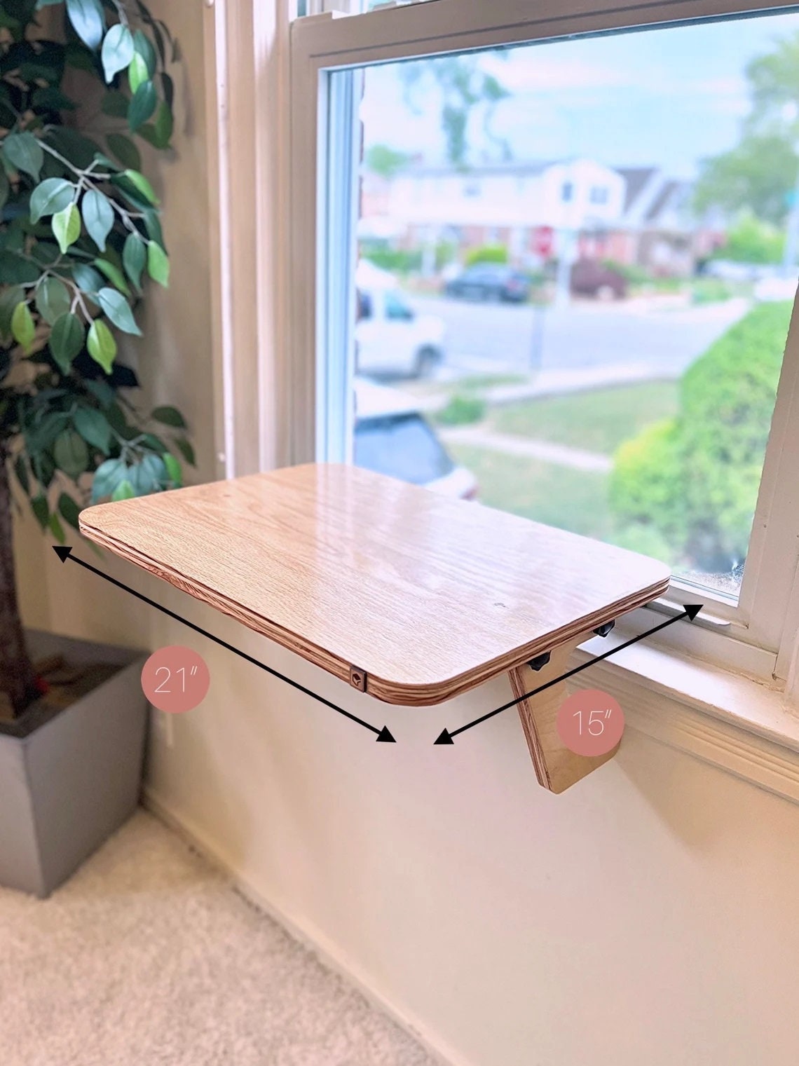 Oak Window Shelf_ Sturdy-Safe support legs _ Installed-removed 1 minute _ No tools No nails _ Plant - Flower Hanging Shelf_22"x10"_21"x15"
