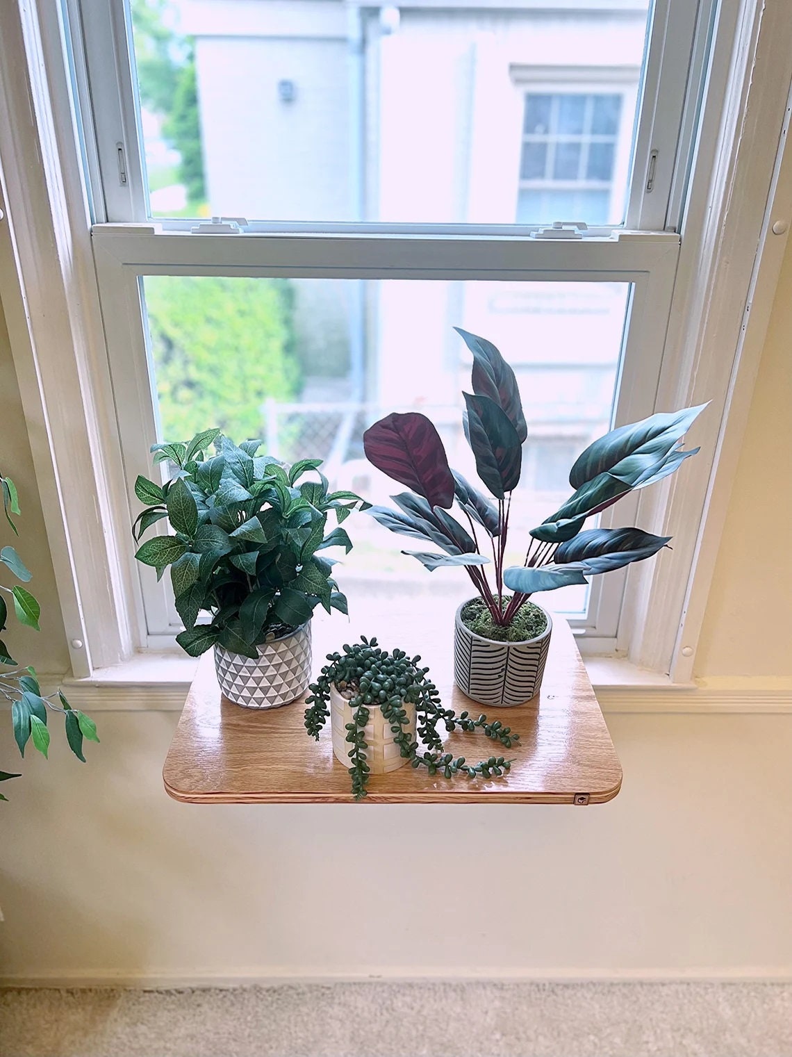 Oak Window Shelf_ Sturdy-Safe support legs _ Installed-removed 1 minute _ No tools No nails _ Plant - Flower Hanging Shelf_22"x10"_21"x15"
