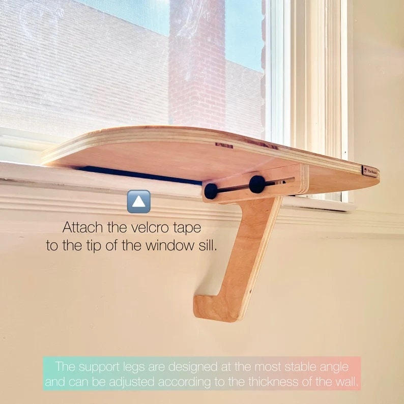 Oak Cat Window Perch_Sturdy-Safe support leg_Installed-removed 1 minute_No tools No nails_Cat Window Shelf_22"x10"_Cat Lover Gift