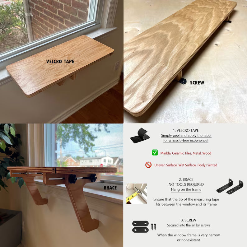 Oak Window Plant Shelf, Various shelf sizes, Easy Install, No Tools