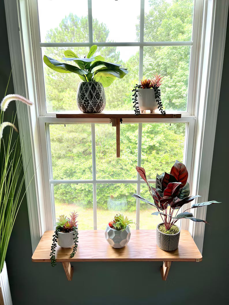 For the middle of the window, Oak window Shelf, Sturdy-Safe support leg, Plant Shelf, No tools