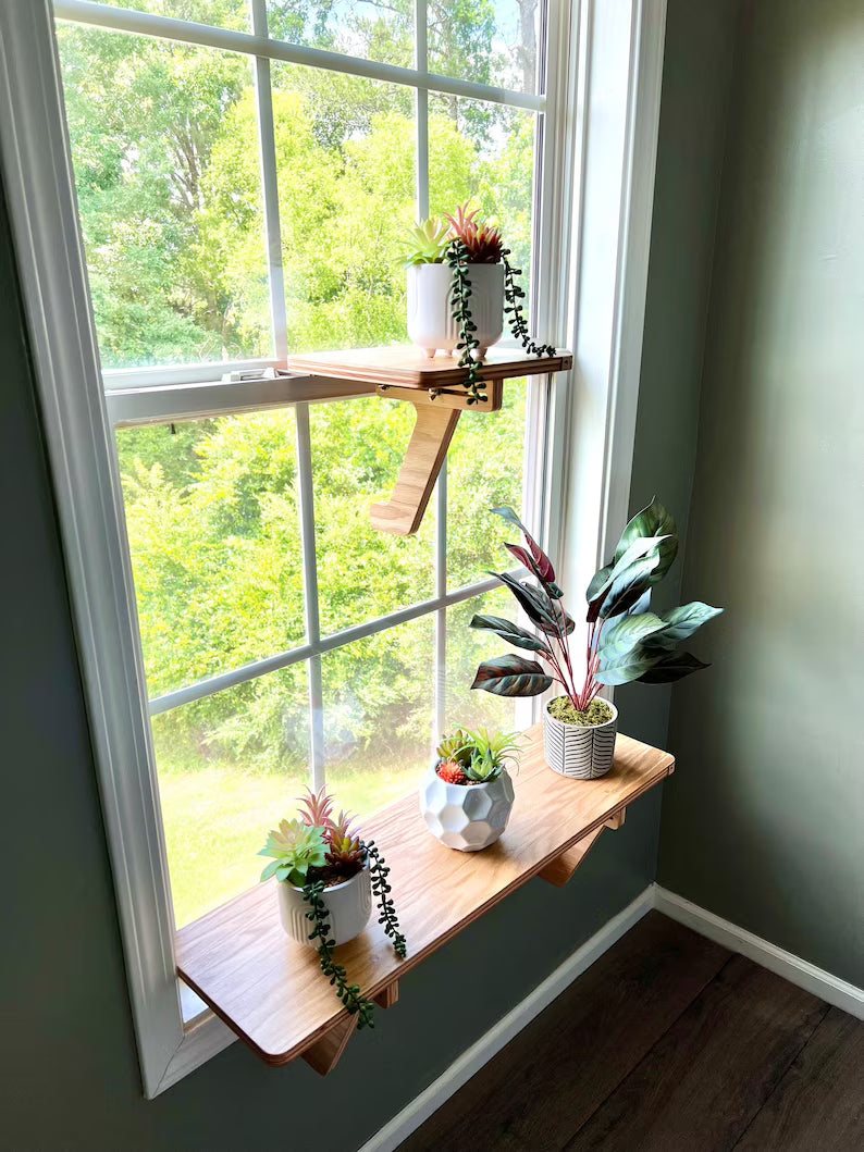 For the middle of the window, Oak window Shelf, Sturdy-Safe support leg, Plant Shelf, No tools