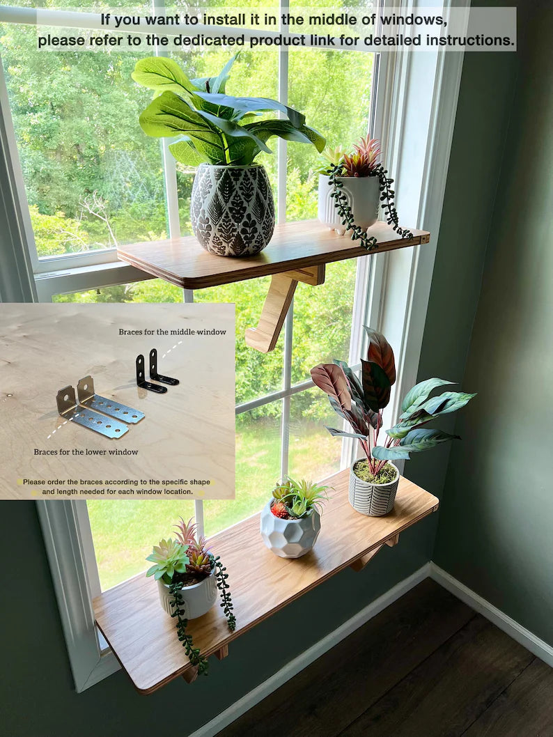 Oak Window Plant Shelf, Various shelf sizes, Easy Install, No Tools