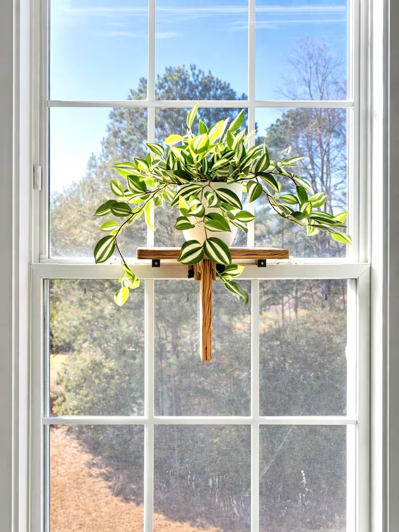 For the middle of the window, Oak window Shelf, Sturdy-Safe support leg, Plant Shelf, No tools