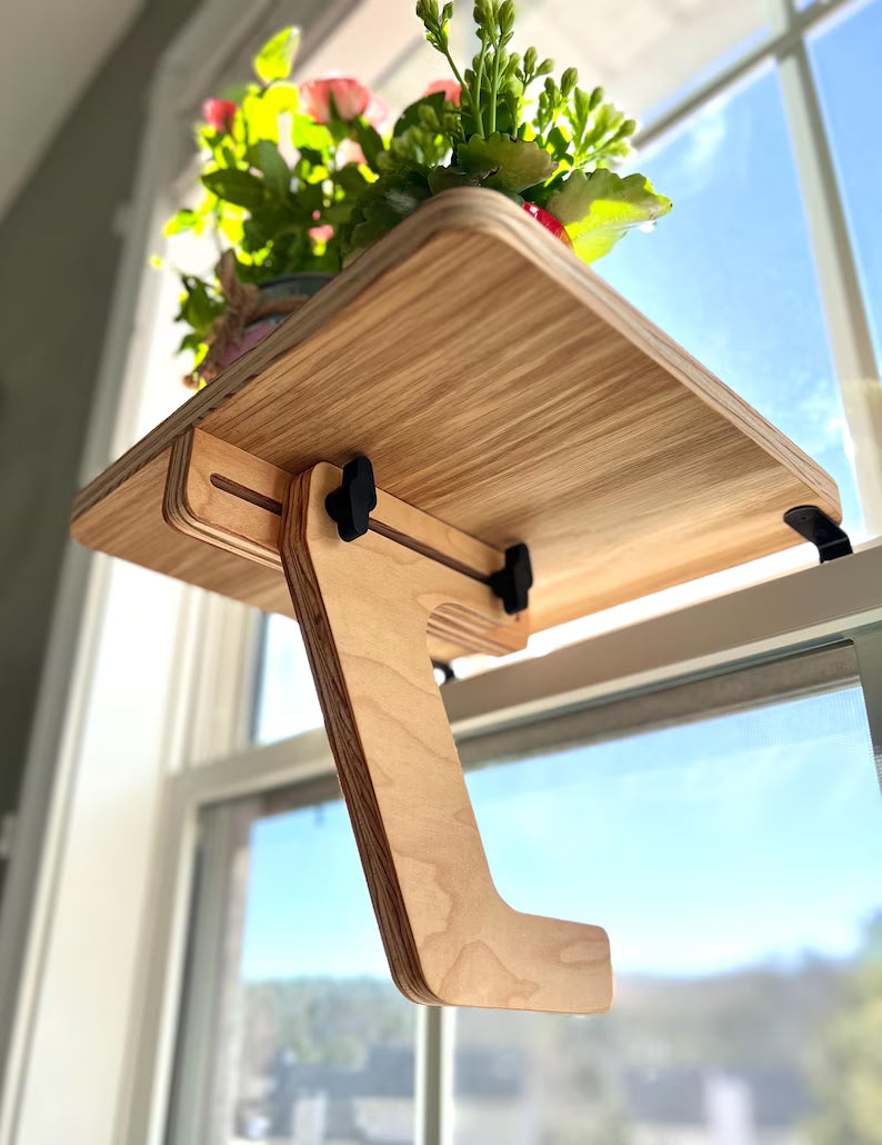 For the middle of the window, Oak window Shelf, Sturdy-Safe support leg, Plant Shelf, No tools