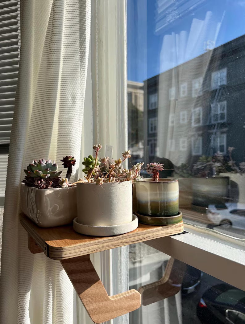 For the middle of the window, Oak window Shelf, Sturdy-Safe support leg, Plant Shelf, No tools