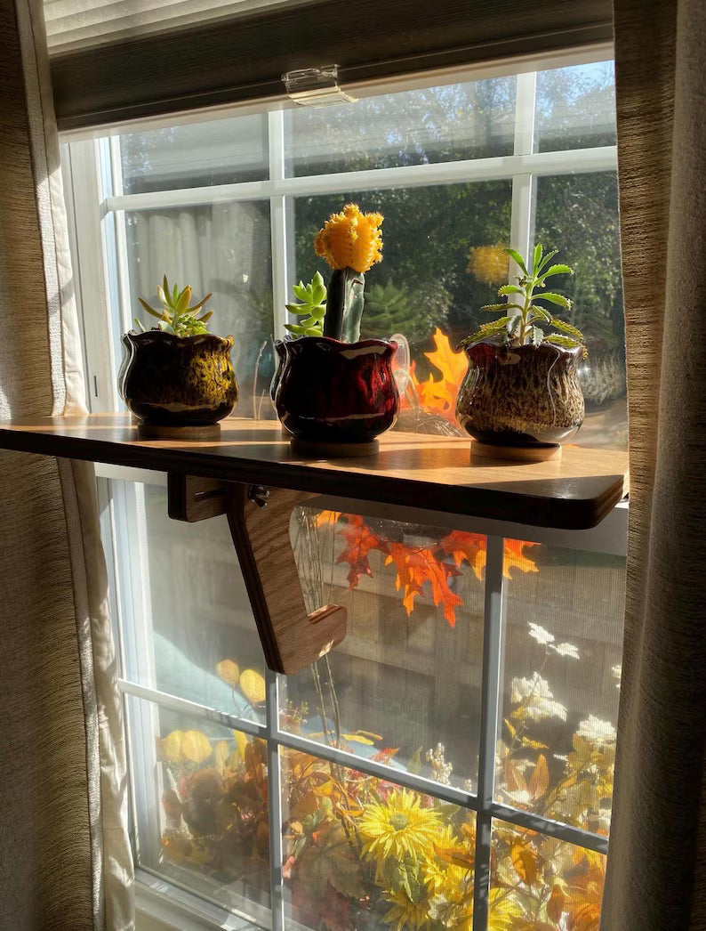 For the middle of the window, Oak window Shelf, Sturdy-Safe support leg, Plant Shelf, No tools