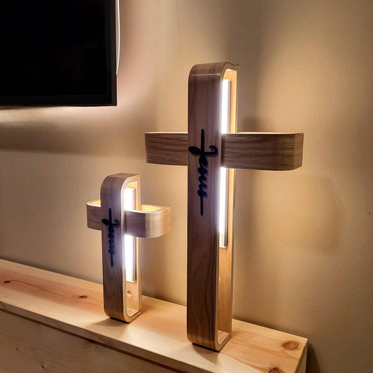 Wooden Cross | LED Wooden Cross Wall Decor | Christian Home Decor | JESUS Lettering Gift