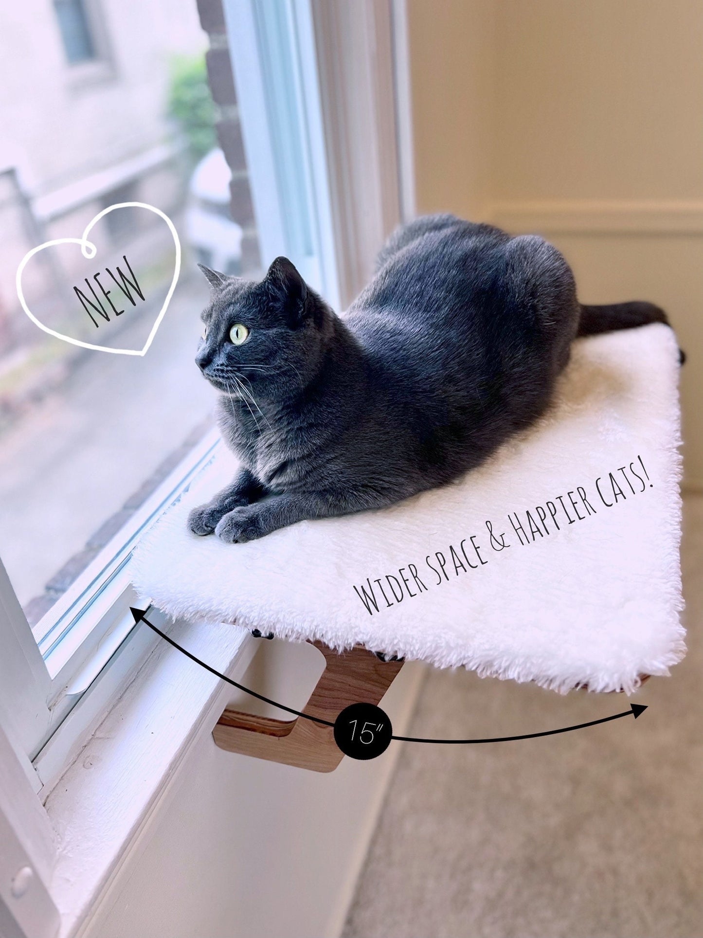 Wider Space & Happier Cats! _ Oak Window Perch _ Sturdy-Safe support legs _ Installed-removed 1 minute _ No tools No nails _ 21" x 15"